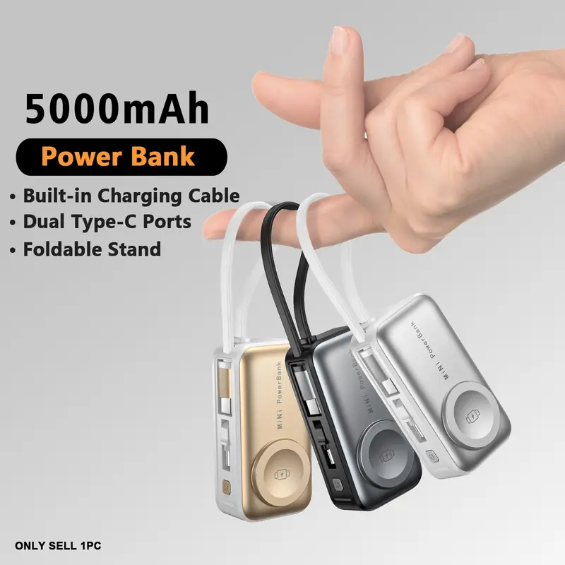 5000mah Three-In-One Mini Power Bank, Dual Type-C Ports, USB C Power Bank, Universal Compatibility, Portable Charger, Foldable Stand, Travel Battery Pack, Fits iPhone, Android, AirPods, Apple Watch, External Battery Power Bank