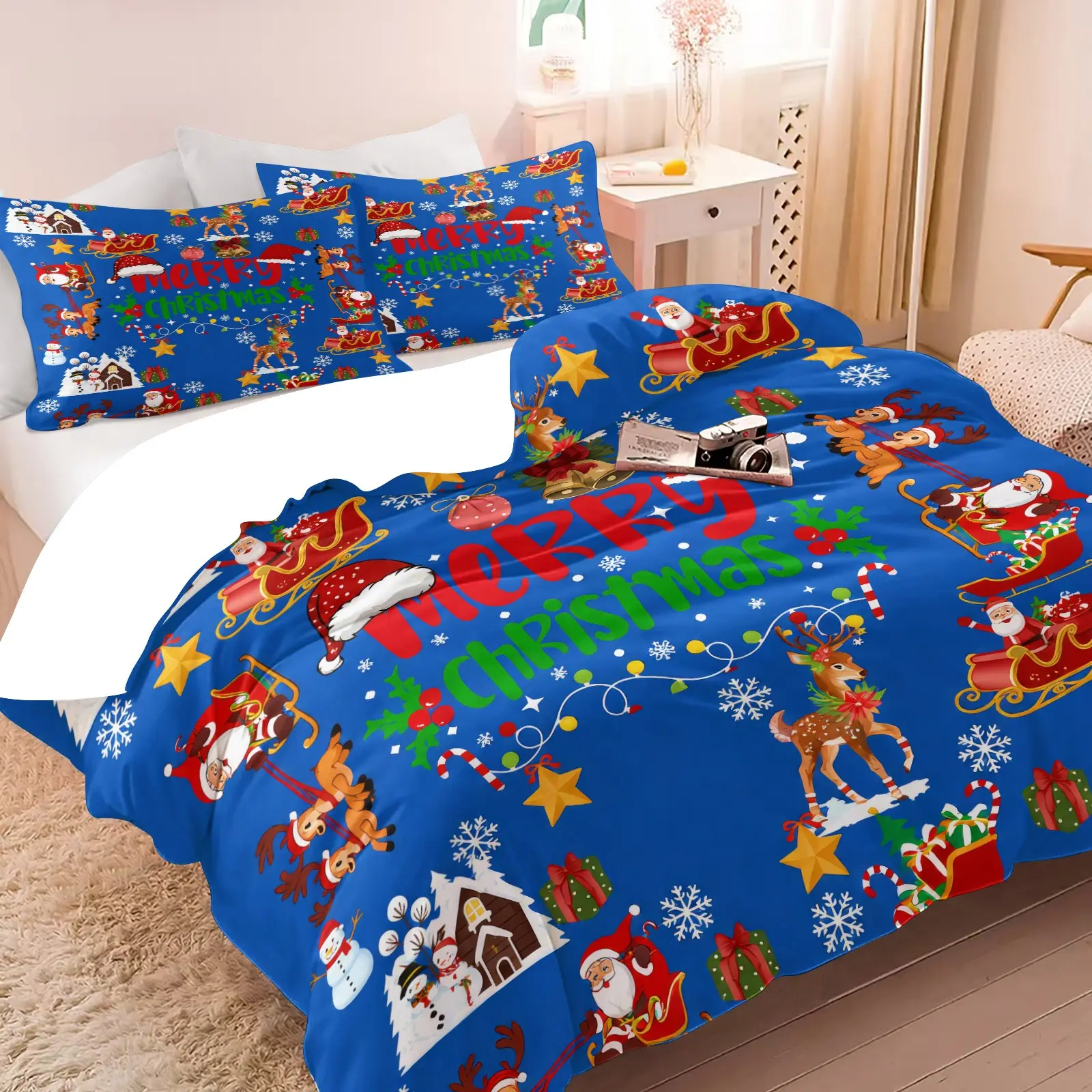 Classic Merry Christmas Snowflake Print Duvet Cover Set, 1 Duvet Cover & 1/2 Pillowcases No Filling, Winter Holiday Bedding Set, Soft Microfiber, Xmas Decor Gift for Adults Teens Bedroom Dorm