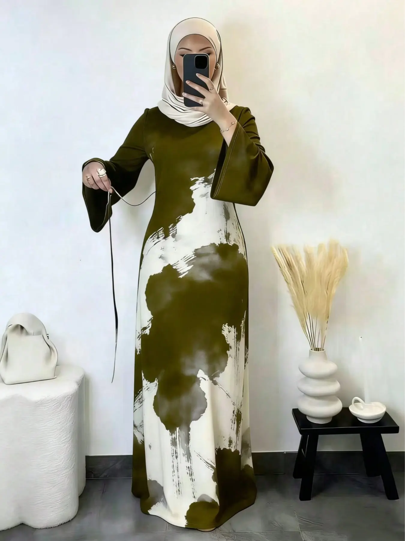 Elegant Flowy Kaftan Arab Maxi Dress, Round Neck Gradient Print Knit Robe With Long Flared Sleeves, Modest Outfit For Women Daily Party Vacation Occasions