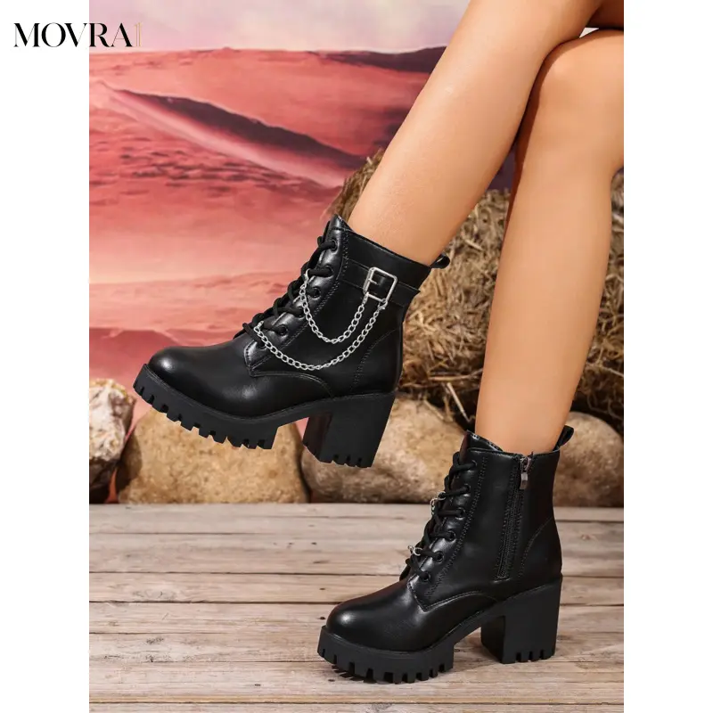 MOVRA1 Metal Square Classic Boots Women, Thick Sole Heel Side Zipper Punk Short Boots, British Style Work Boots, Block Heeled Boots, Heels Boots