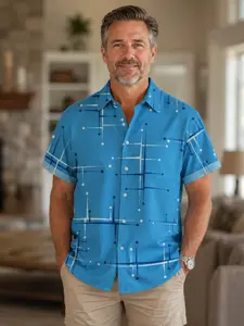 Vintage Geometric Lines Atomic Print Men's Button Shirt, Stylish Retro Design, Perfect for Casual Wear, Unique Fashion Statement