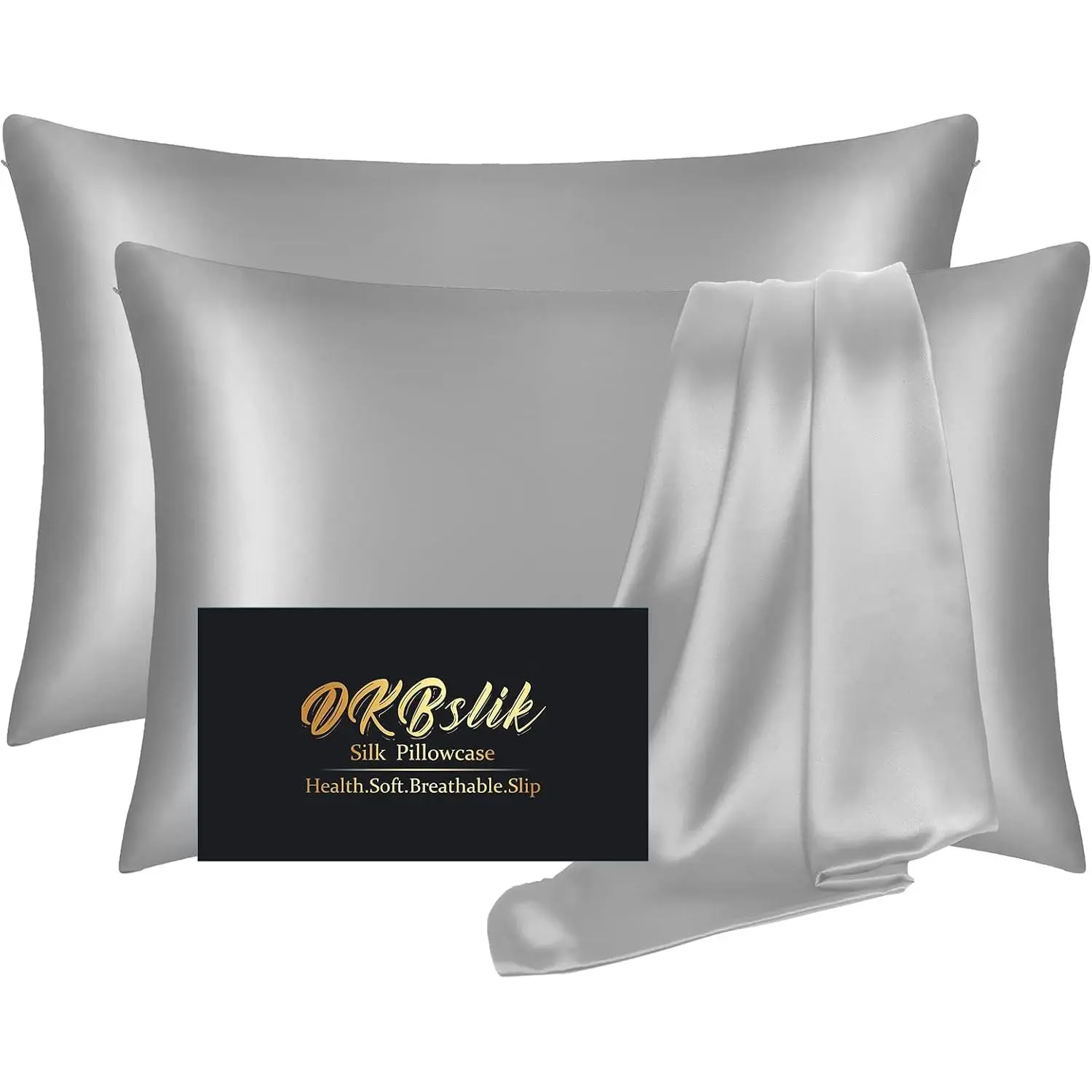 Silk Pillow 2 Pack, Mulberry Silk Pillowcases Standard Set of 2, Health,, Anti Acne, Beauty Sleep, Both Sides Natural Silk Pillow for 2 Pack with Zipper for Gift, Grey