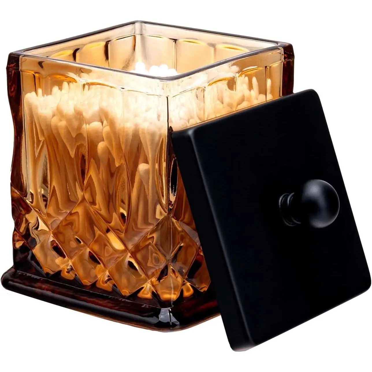 15Oz Thick Square Solid Amber Glass Apothecary Jars with Matte Black Lids - Bathroom Organizer, Desk Use Storage for Q-Tips, Cotton Rounds, Jewelry