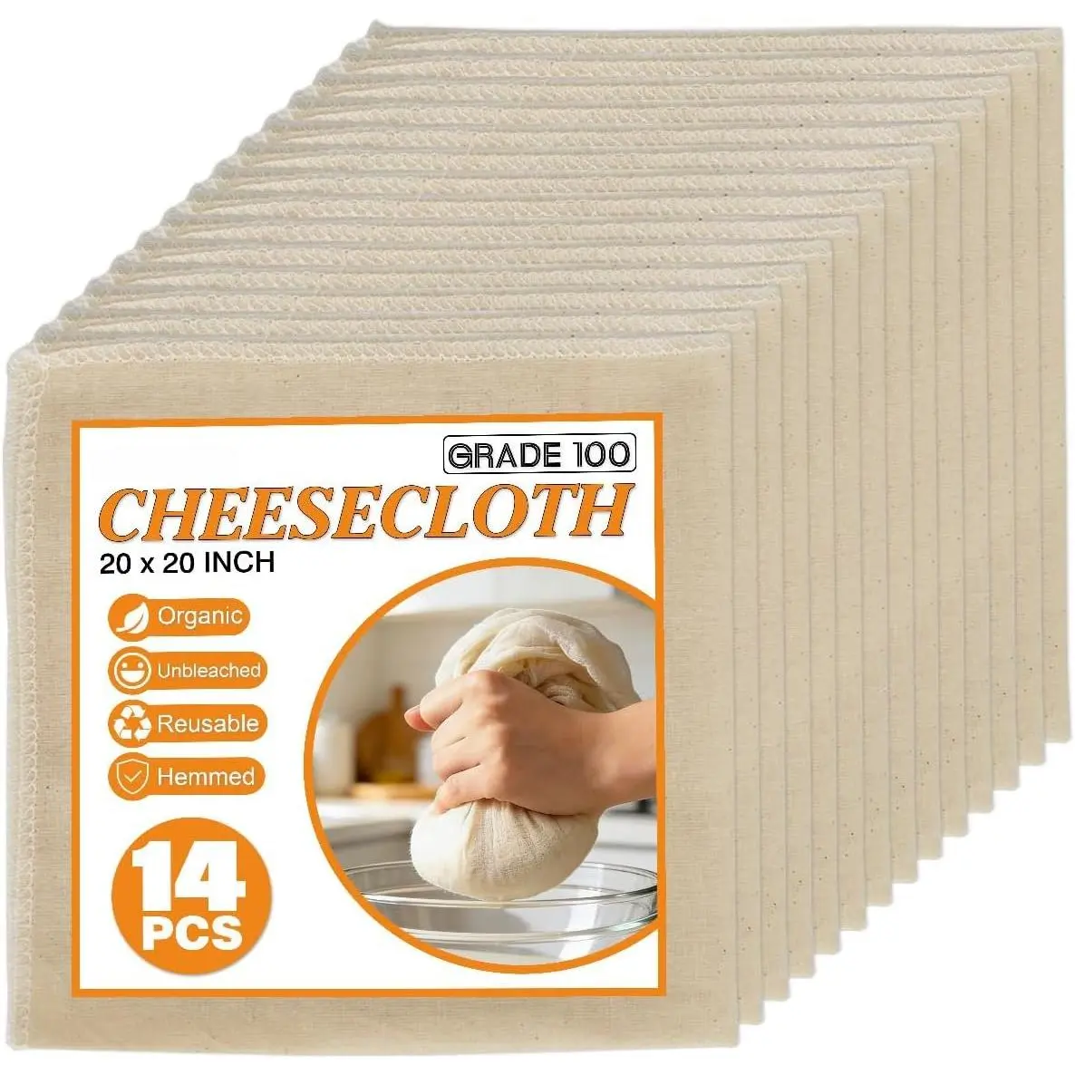 14 Pack Cheese Cloths, Unbleached Muslin Fabric for Straining, 20x20 Inch | Hemmed , Unbleached Fine Fabric,  Grade 100  Cheesecloth Strainer for Turkey, Butter, Cooking, Juicing