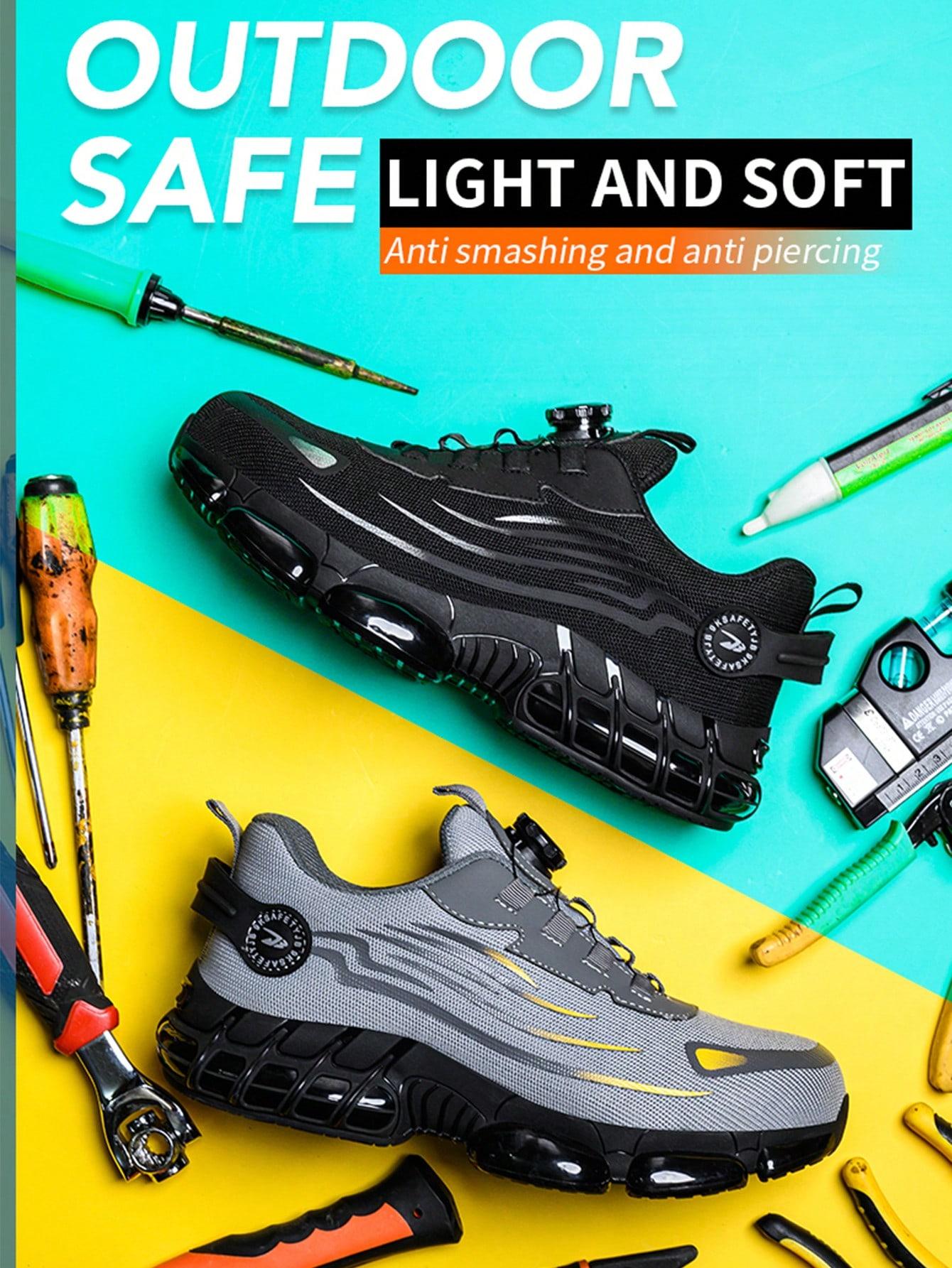 Unisex Anti-Smash Safety Shoes, Steel Toe Caps, Anti-Slip, Breathable,Industrial Construction Sports Rotatory Lace-Free Casual Hiking Shoes Black Gray