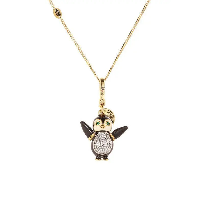 Female Hand-Painted Enamel Penguin Pendant Necklace with Chain, Shining Crystals, Tarnish-Free Stainless Steel, Gold Casual Daily Jewelry, Perfect Gift for Yourself or Your Bestie, Choking Hazard Small Parts