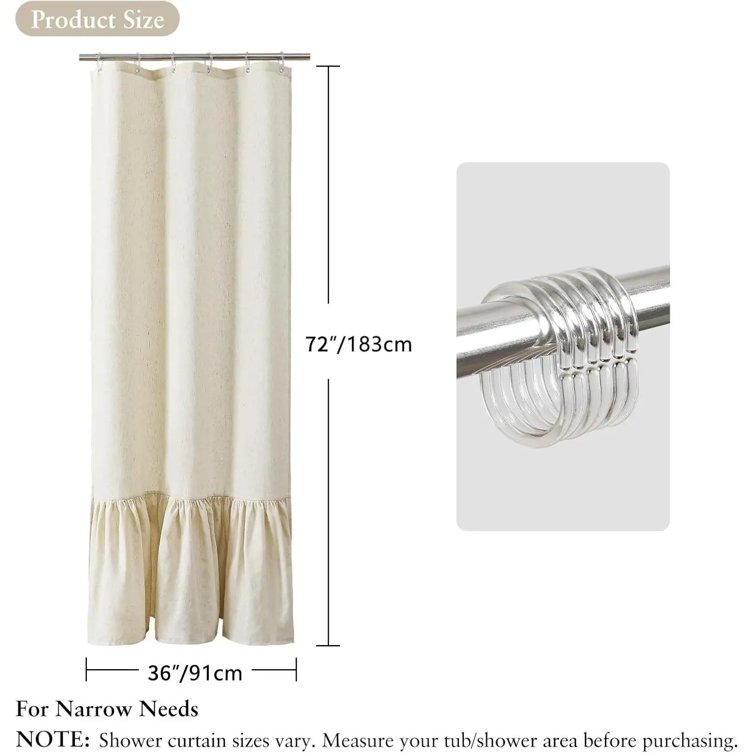 Boho Stall Shower Curtain with Ruffle Hem, 36 x 72 Farmhouse Linen Shower Curtains for Bathroom, Ruffled Narrow Shower Curtain Set, Country Rustic Fabric Bath Curtain, Beige