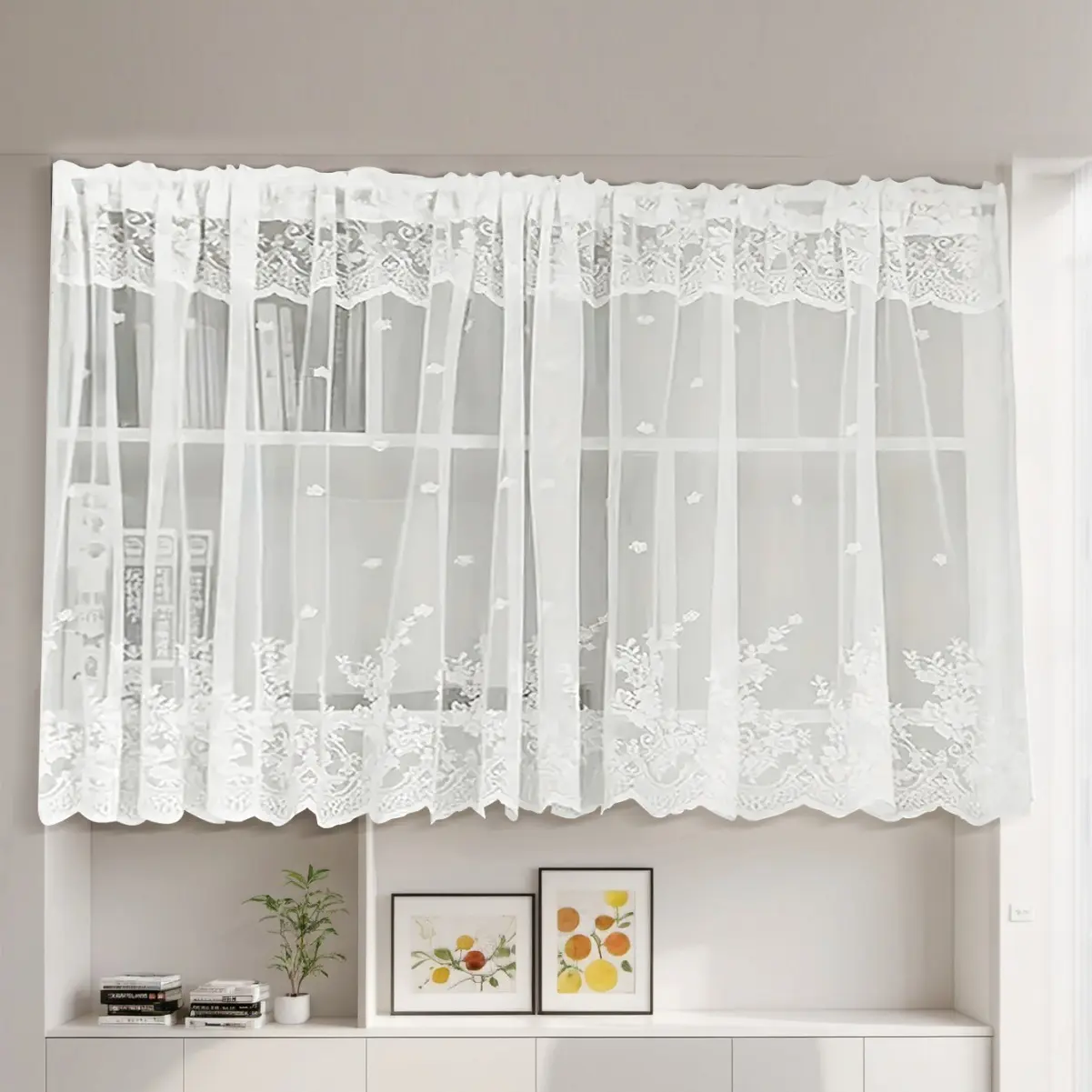 Lace Curtains for Windows, Rod Pocket Tier Curtains, Short Lace Kitchen Curtains, Light Filtering Privacy Sheer Curtains for Small Windows, Café Curtains for Kitchen, Bathroom, Bedroom and Bay Window