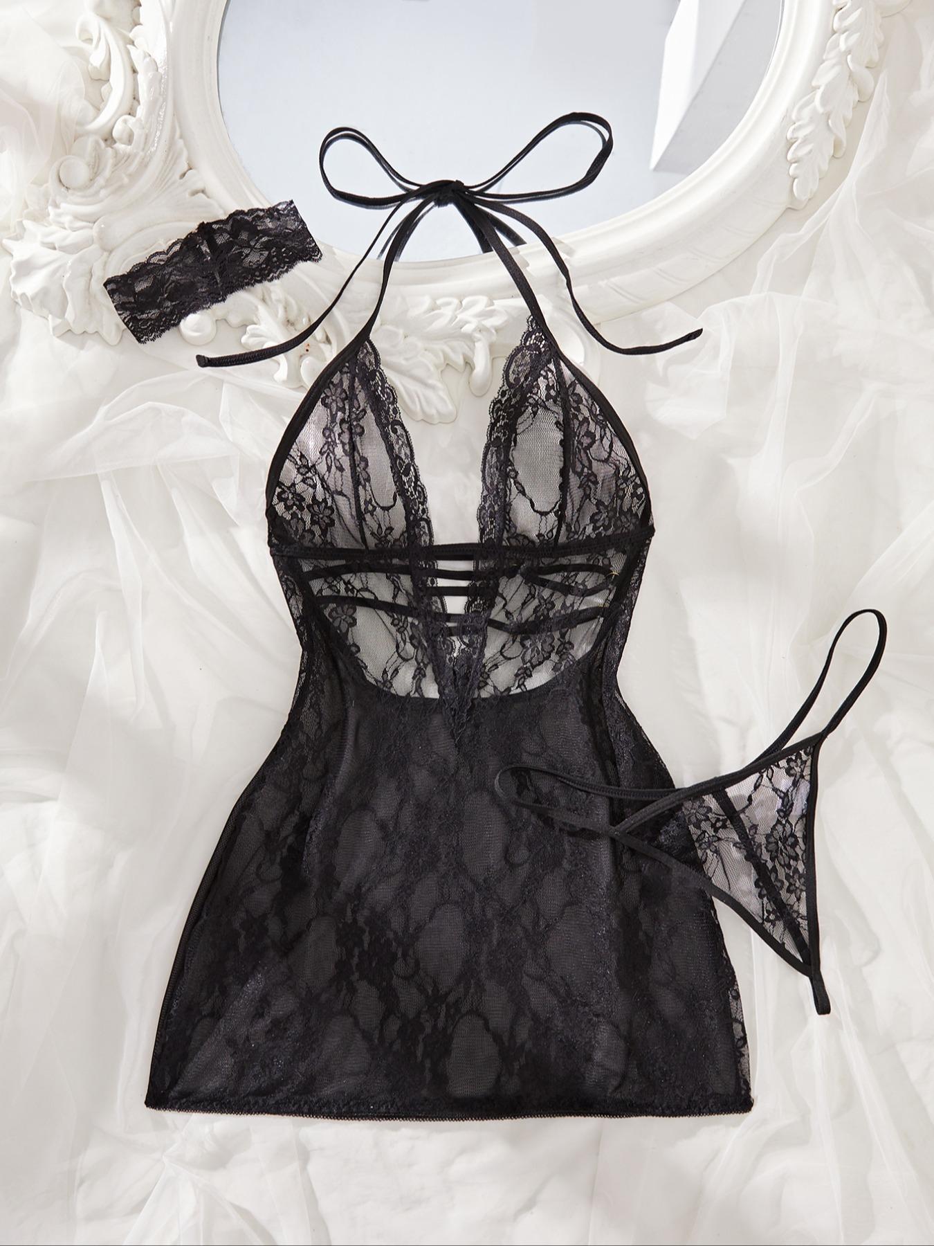 Women's Sheer Sleeveless Lingerie Set, Underwear, Contrast Lace Design, Slim Fit, Soft Lightweight Fabric, All-Season Wear, Romantic Gift