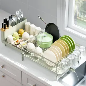 Large Dish Drying Rack, Expandable Dish Racks for Kitchen Counter, Multifunctional Dish Drainer with Utensil Holder & Cup Holder, 18.5"-26.7" L x 12.7" W, Soft Celery Green