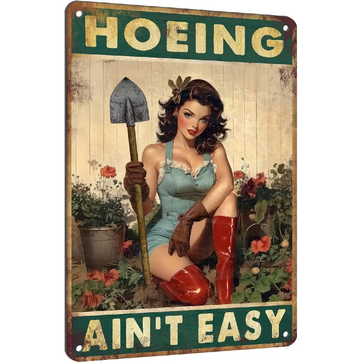 PEACHGARDEN Garden Signs Yard Art Hoeing Ain't Easy Funny Garden Aluminum Metal Sign for Outside Patio Backyard Greenhouse Decor, 8x12 Inch