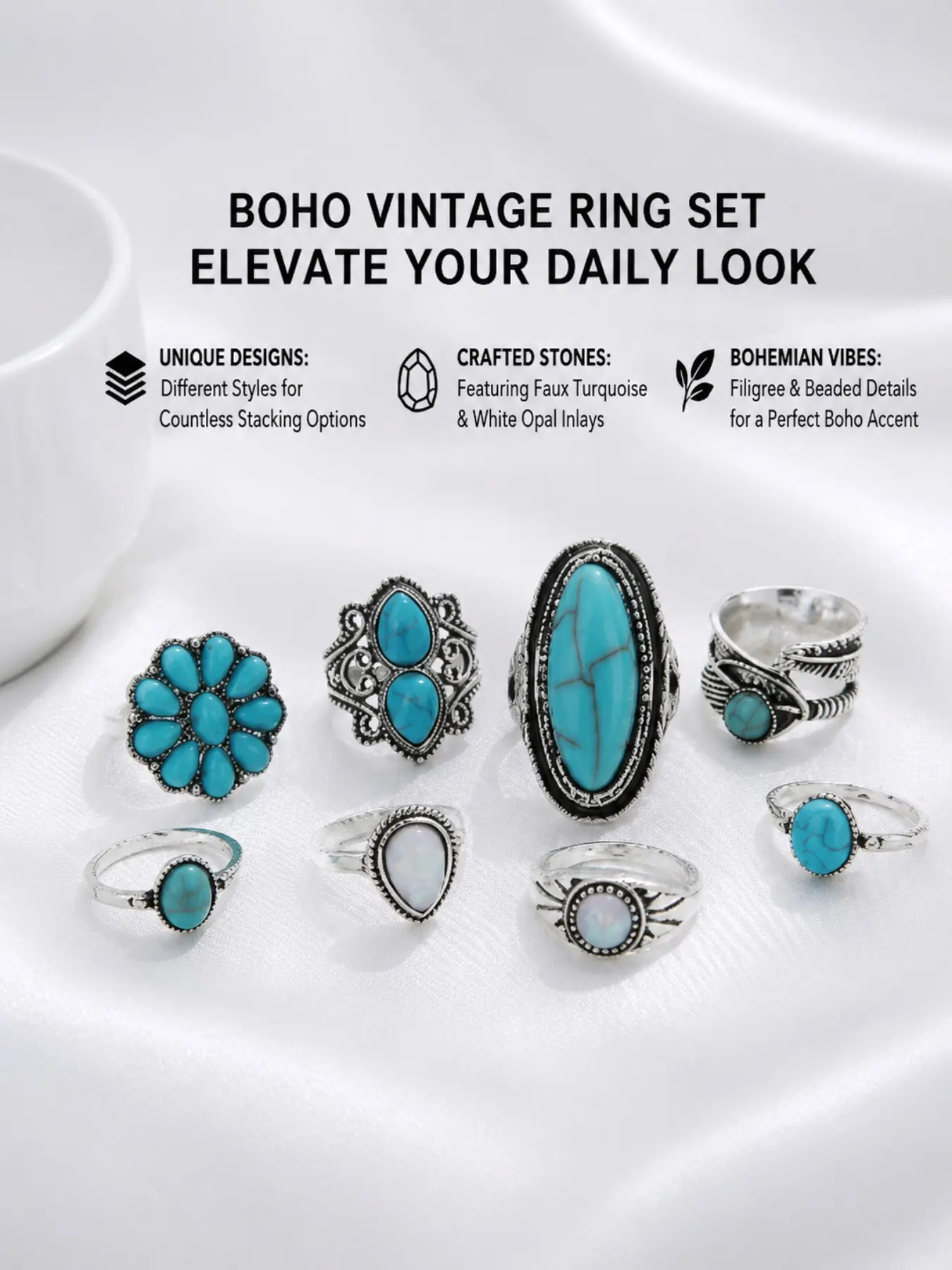 8pcs Boho Silver Color Rings Set for Women, Unique Designs, Turquoise Opal Adjustable Vintage Stackable Rings, Jewelry for Everyday Wear, aesthetic rings set tiktok, western style rings, indie jewelry rings set, Bohemian Vibes, Faux Turquoise