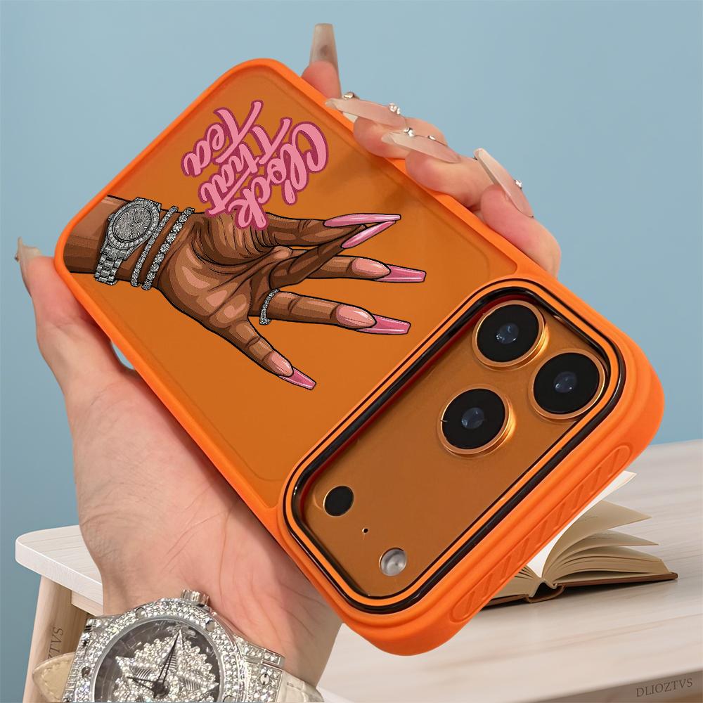 Fashion Hand and Clock That Tea Text Pattern Phone Case for iPhone 17 Pro Max 17Air 16 Plus 16e 15 14 13 12 11 Color Blocking Button and Camera Frame Design Shockproof Skin Feel Shell