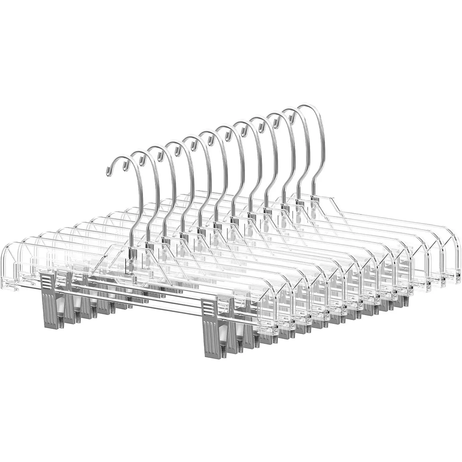 14" Clear Pants Hangers with Clips 12 Pack, Plastic Skirts Hangers | Slim Space Saving, Adjustable Clips Hangers with 360° Swivel Hook & Non-Slip Pad for Adults and , Pants, Shirt, Jeans