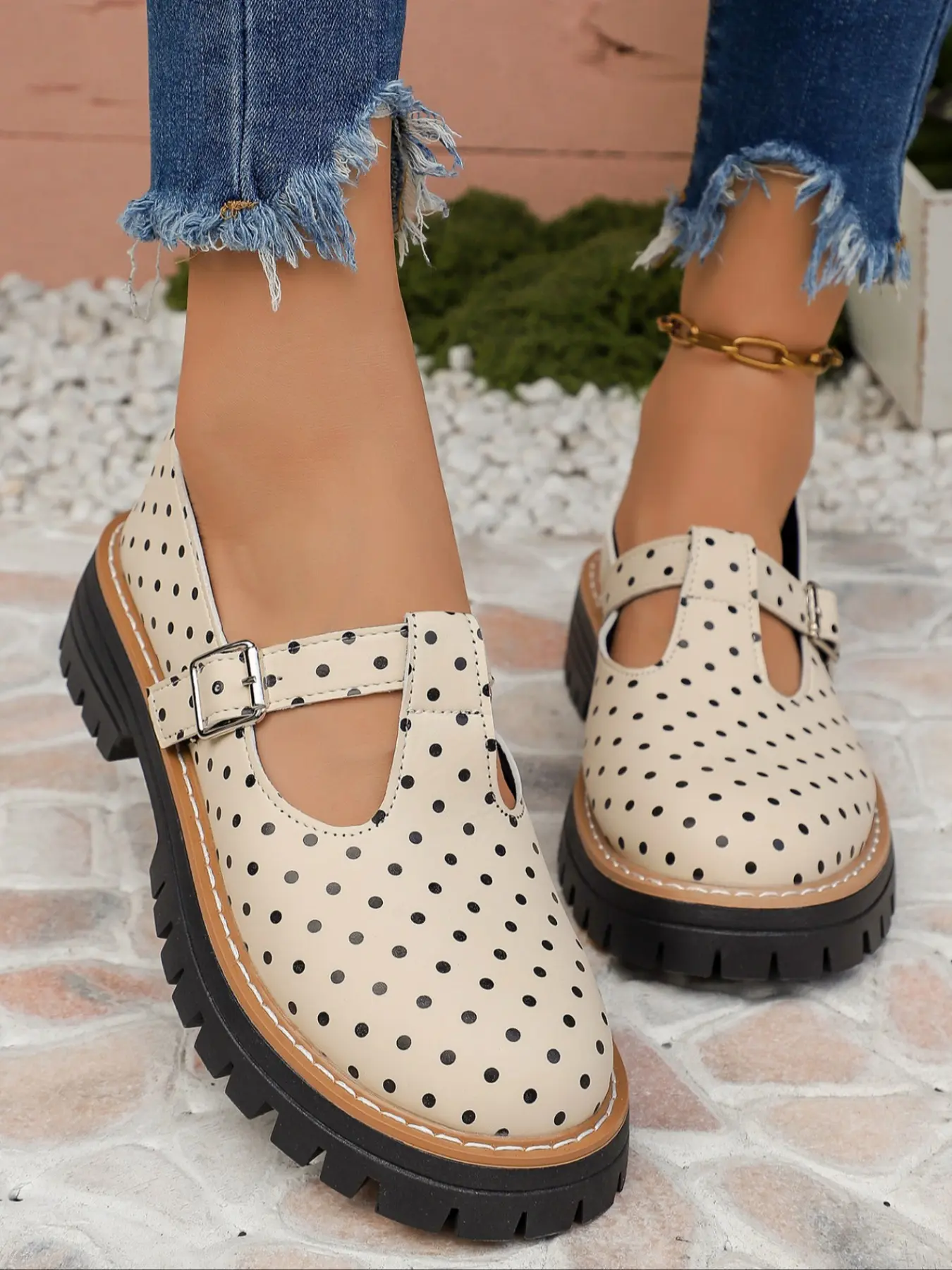 Women's Round Toe T-Strap Mary Jane Shoes, Adjustable Buckle Lug Platform Loafers, Multiple Prints Available Polka Dot Leopard Floral Solid, Match Jeans Skirts, All Season Casual Platform Flat Shoes