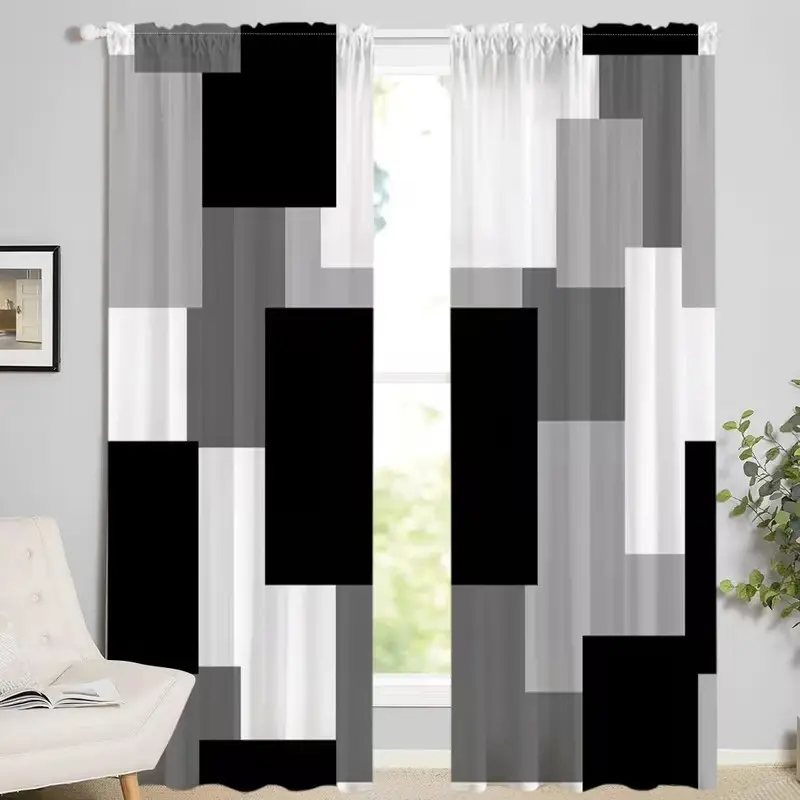 2 pieces of geometric color block pattern curtains, black and white gray, semi blackout curtains, modern minimalist style pole pocket curtains, polyester material, Window Curtains, perfect home decoration for living rooms, kitchens, and bedrooms