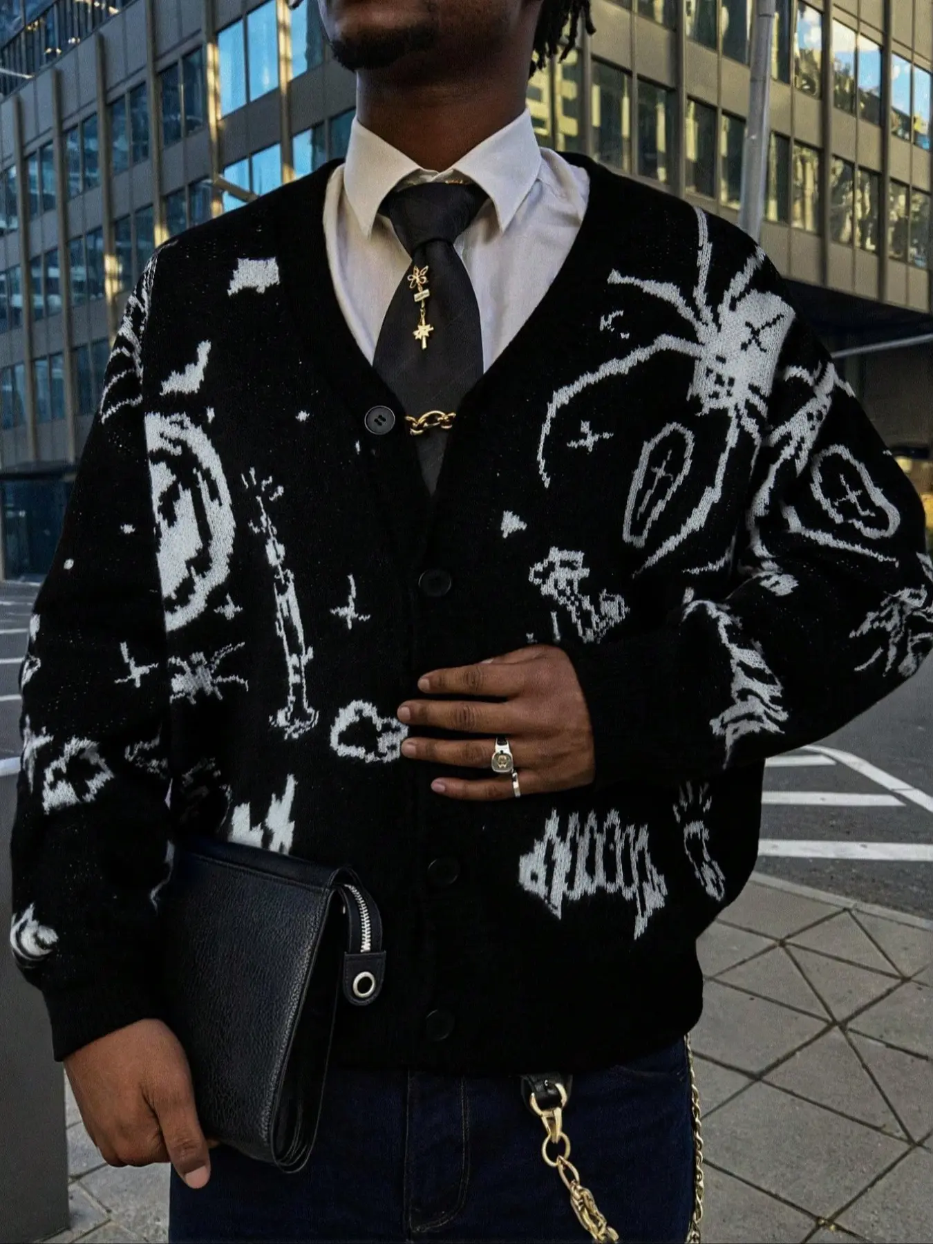 Men's Halloween Print Long Sleeve V-Neck Cardigan, Casual Loose-Fit Street Style, Perfect for Spring & Fall, Daily Wear Top