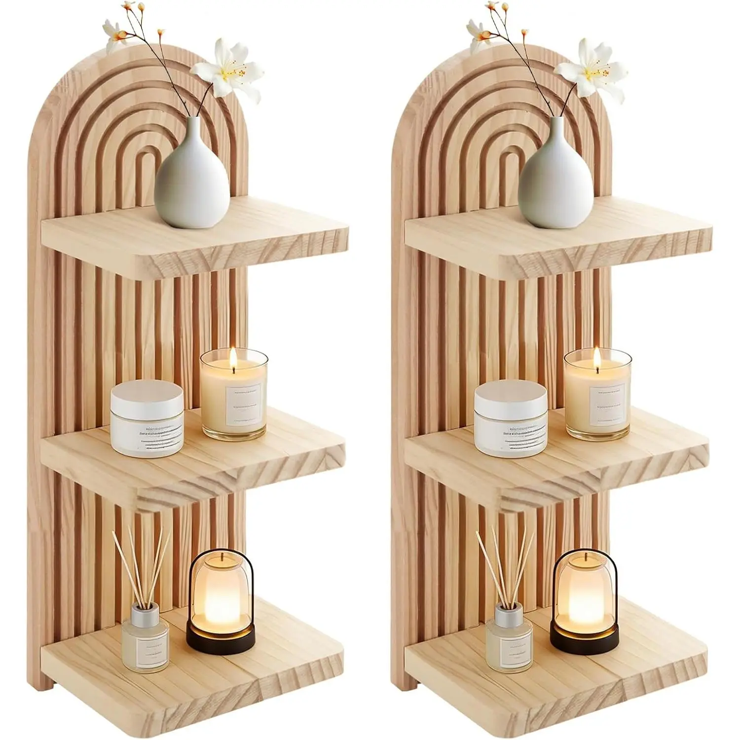 2 Pack Boho Wall Shelf Arch Wooden Floating Shelves - Mid Century Rainbow 3-Tier Vintage Mount Altar Decor for Bedroom, Living Room Storage & Display