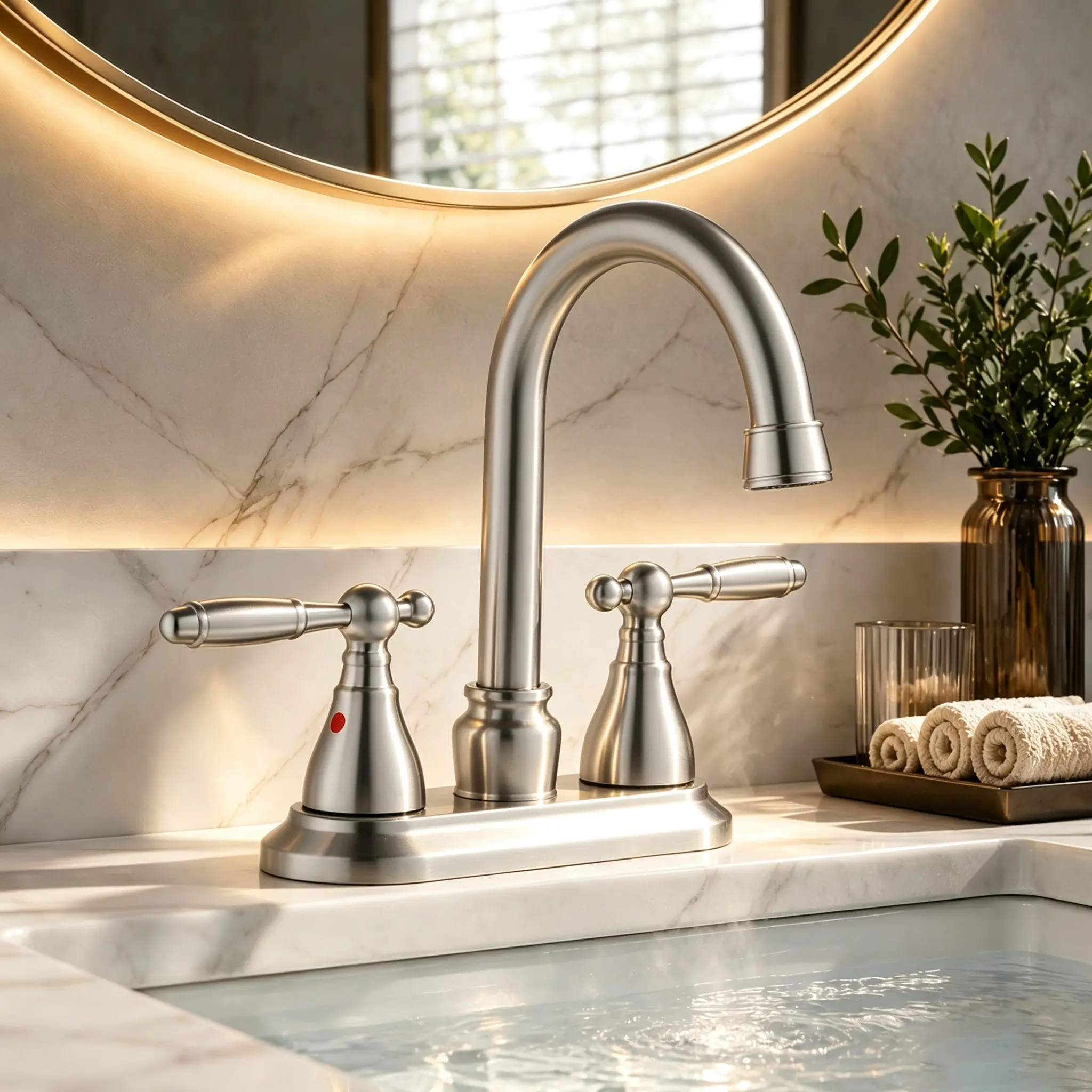 Bathroom faucet,Modern Bathroom Sink Faucet, 360° Rotatable High-Arc Spout, 4 Inch Center Distance, Fits 2/3 Hole Countertops, No Drain Included