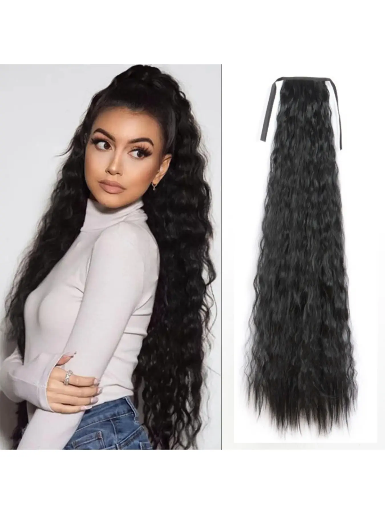 34inch/85cm Extra Long Synthetic Corn Wave Ponytail Hairpiece Fluffy Crimped Curly Wrap Around Ponytail With Ribbon Tie For Women Synthetic Ponytail Hairpieces