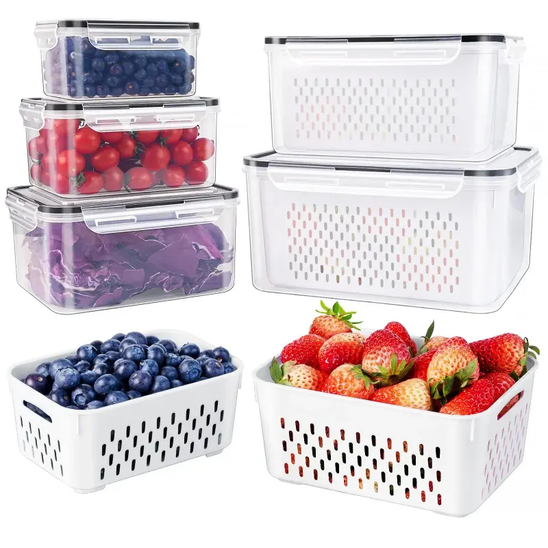 5 pcs Fridge Organizers and Storage Stackable Fruit Storage Container for Fridge with Removable Colander, BPA-Free Food Storage Container for Salad Berry Vegetable Meat Keeper Fresh Containers, Kitchen, Utensils,summerwins,campingessentials,campi
