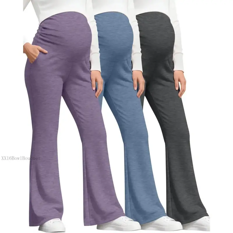 Maternity Pants for Women 3-Pack, Casual Bootcut Pregnancy Sweatpants with Over The Belly Support and PocketsXX16BowlBouquet