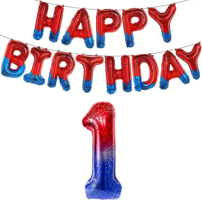 16-piece red and blue spider web birthday foil balloon set, Kid birthday party balloon, including number balloons “Happy Birthday” letter foil balloons, suitable for boys’ birthday decorations, Hero-themed party decorations, children's room decor