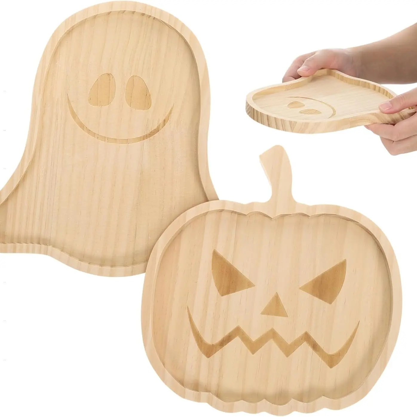 Halloween Wooden Pumpkin Tray 7.5 Inch Ghost & Pumpkin Serving Plate Set for Party Snacks Candy Fruit Desserts Home Decor