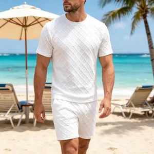 Men'S Summer Casual Sports Suit 2-Piece Texture Set Jacquard Texture Fabric Breathable Round Neck TEE T-Shirt & Shorts Formal Tropical Man Top Suits Menswear Clothes Crewneck Shortsleeve Suitable For Daily cozy two-piece outfit