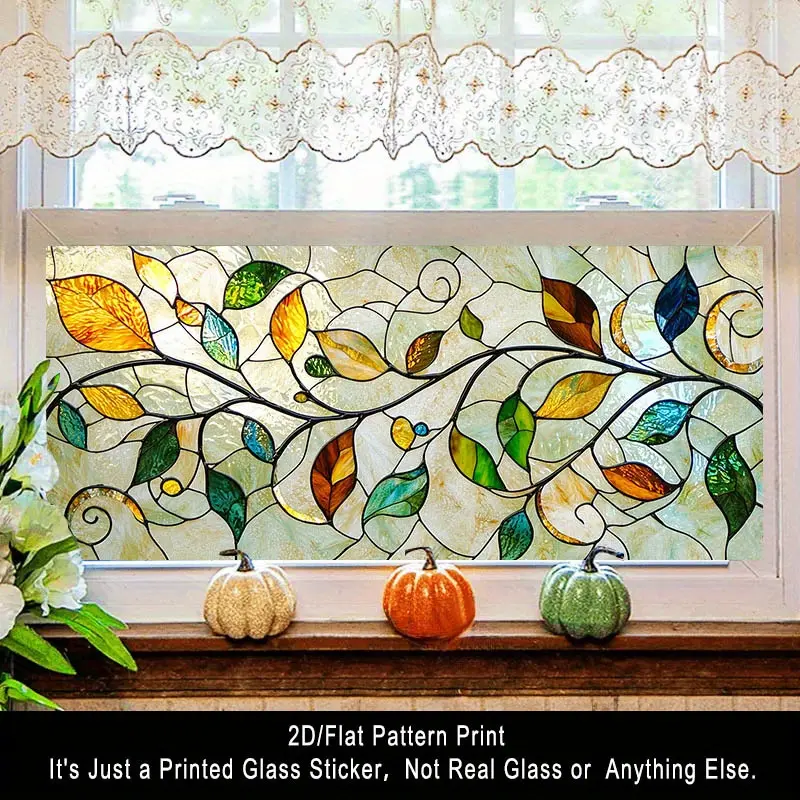 1pc Static Glass Film Abstract Colorful Leaf Fresh Pattern Window Cling, Translucent Pet Adhesive Glass Door Decor, Removable Glass Sticker. 39.4X17.7 Inches (100X45 Cm), Suitable for Home, Kitchen, Room