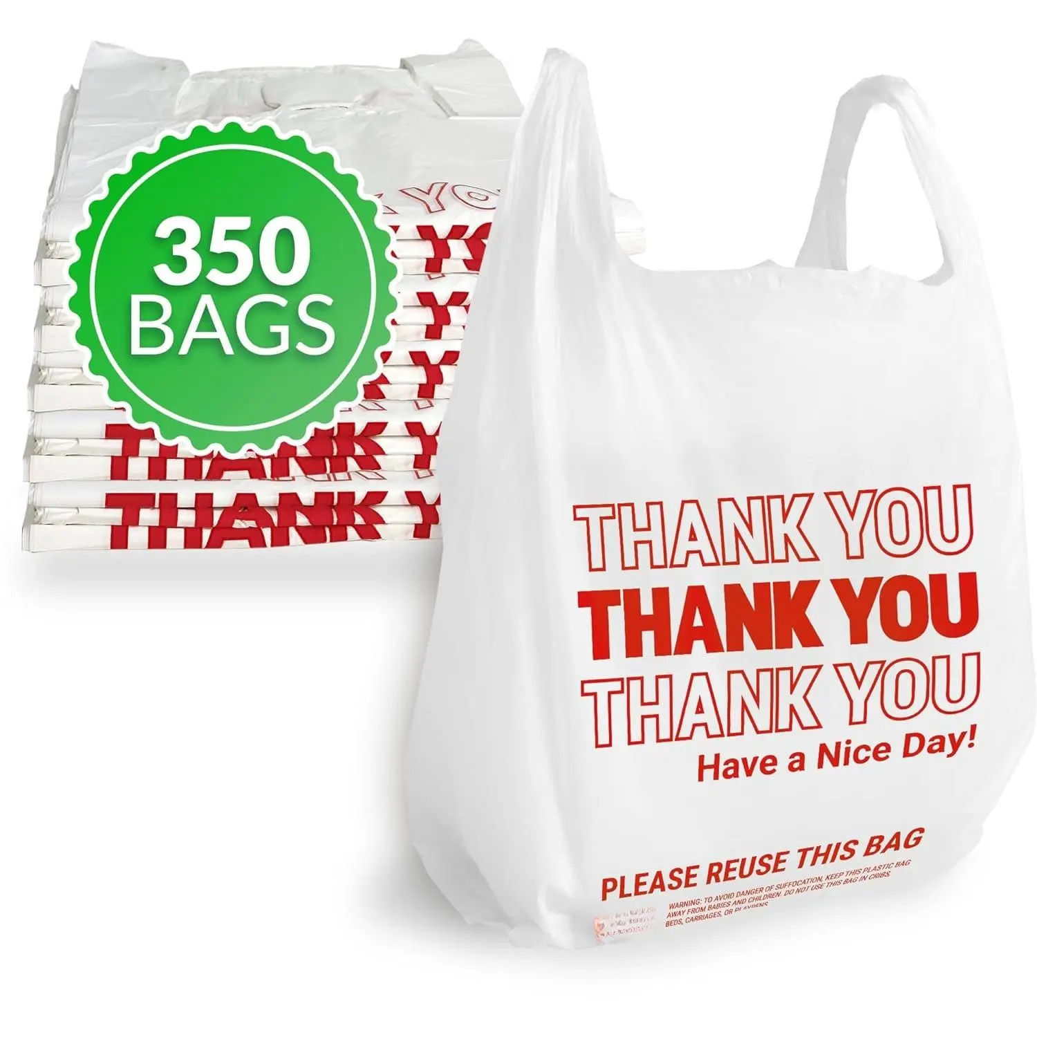 Thank You Plastic Bags (350 Count) | Carry Out, Grocery, Shopping Bag, Restaurants, Convenience Store, 11.5" x 6.5" x 21" (White)