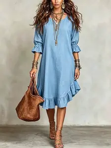 Boho Style Round Neck Ruffle Three-Quarter Sleeve Dress, Loose Fit A-Line Midi Dress, Perfect for Vacation, Comfortable and Stylish