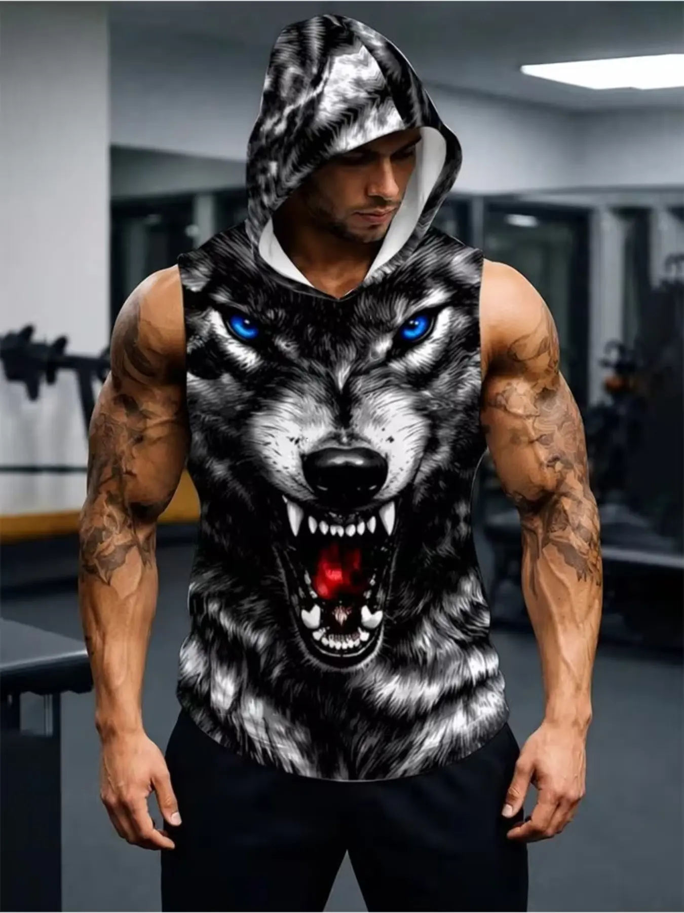 Men's Sleeveless Hooded Sportswear, Dark Print Unique Design, Fun Fire Pattern, Casual Preppy Style, All-Season Trendy Innerwear, Workouts