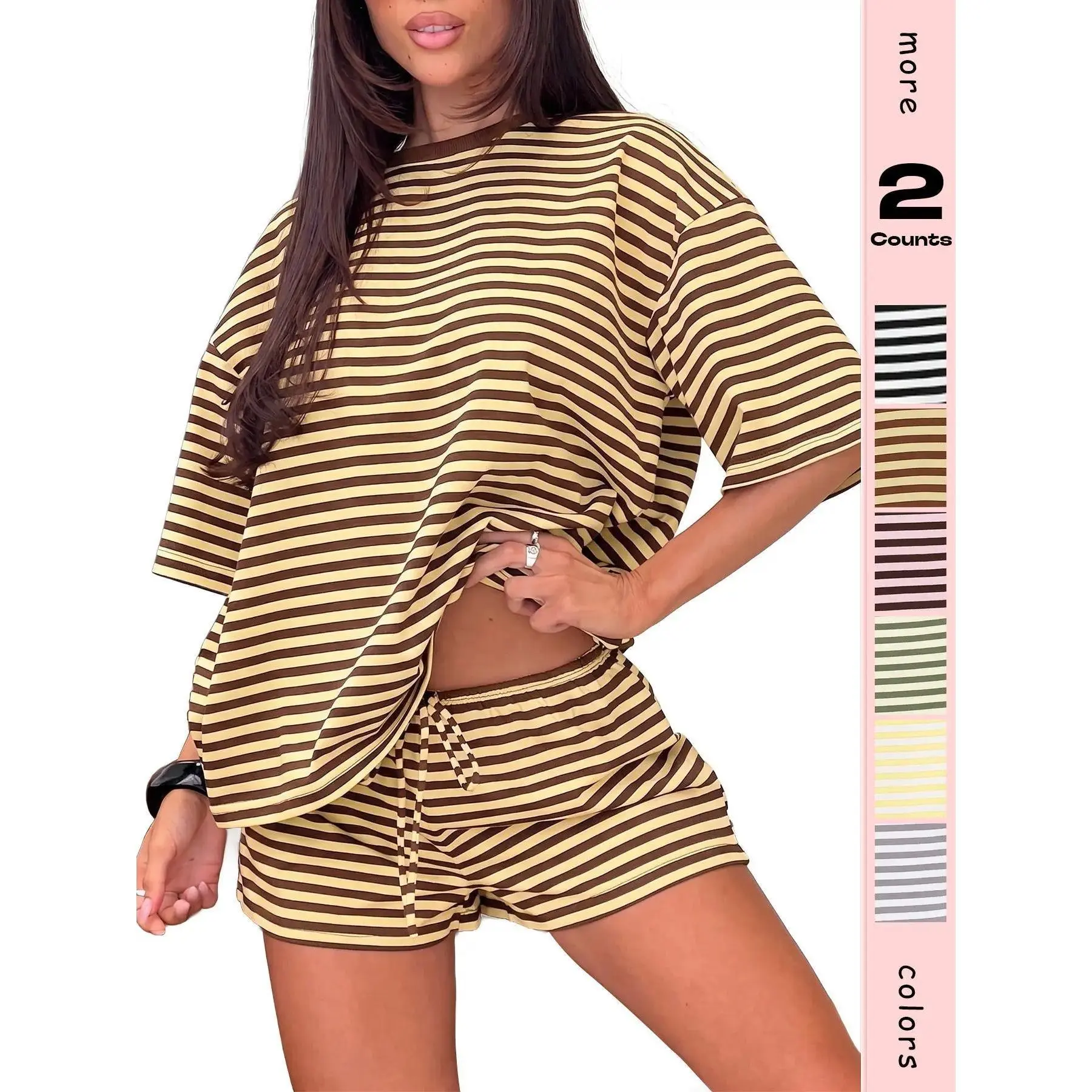 Oversized Fit Striped Matching Set for Women, Drawstring Waist Short Sleeve Top & Casual Lounge Shorts, Skin-Friendly Summer Everyday Outfit