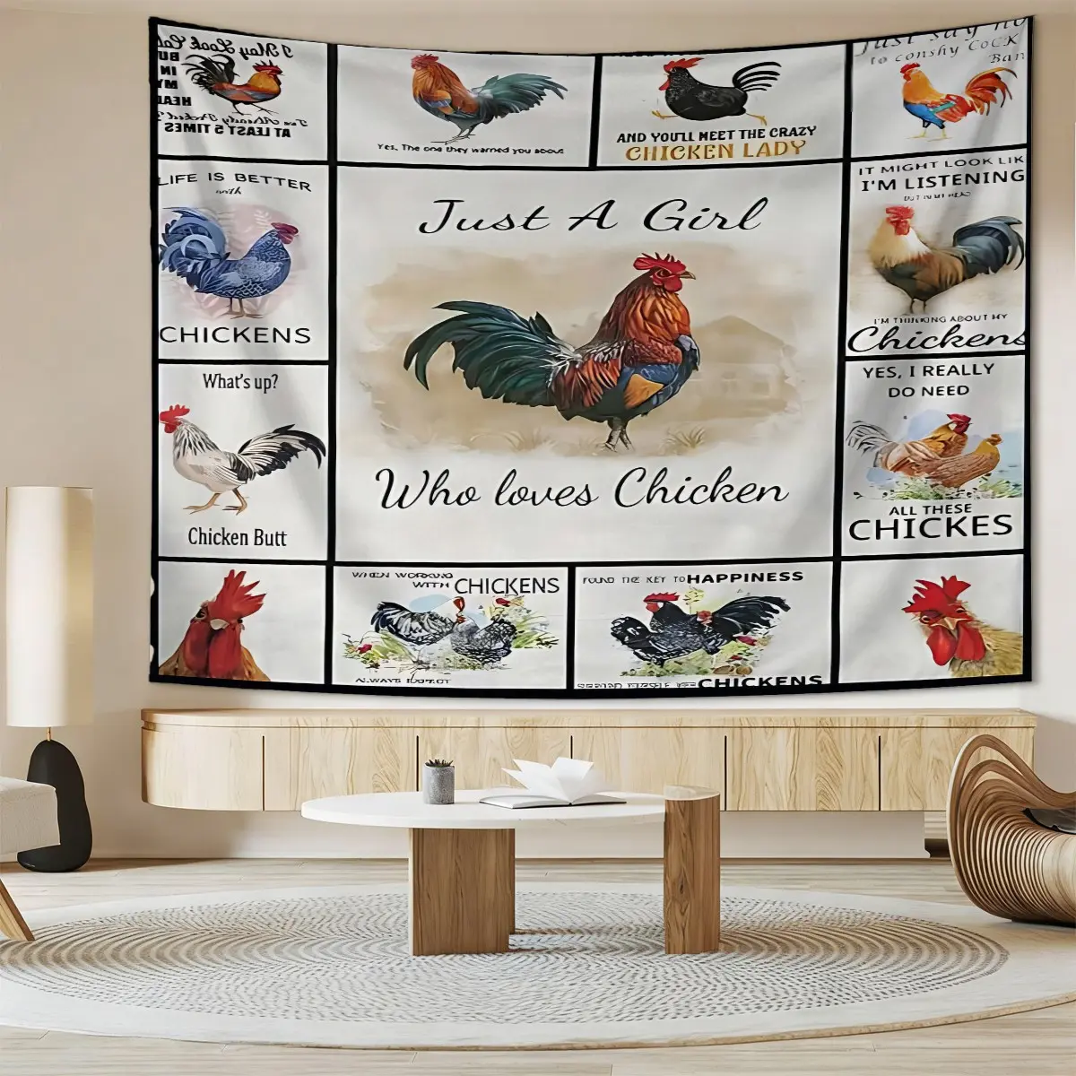 Vintage Rooster Hen Tapestry Just a Girl Who Loves Chickens Funny Farm Quote Polyester Wall Hanging, Rustic Farmhouse Backdrop, Country Cottage Decor for Bedroom Dorm, Perfect Gift for Chicken Lady