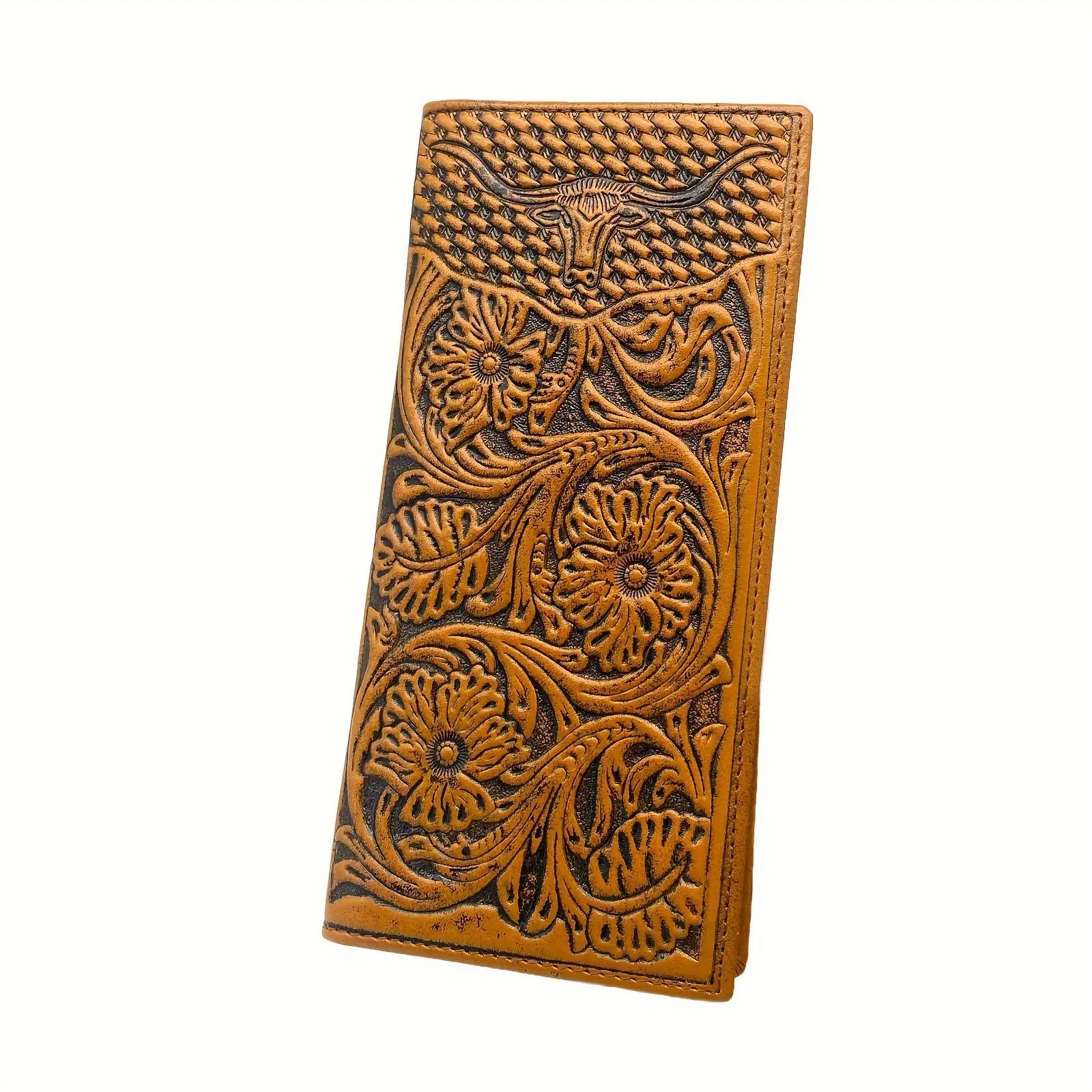 Vintage Floral Full Grain Leather Wallet Western Cowboy Ox Head Embossed Long Checkbook Wallet For Men Credit Card Holder Wallet, Gift for Men