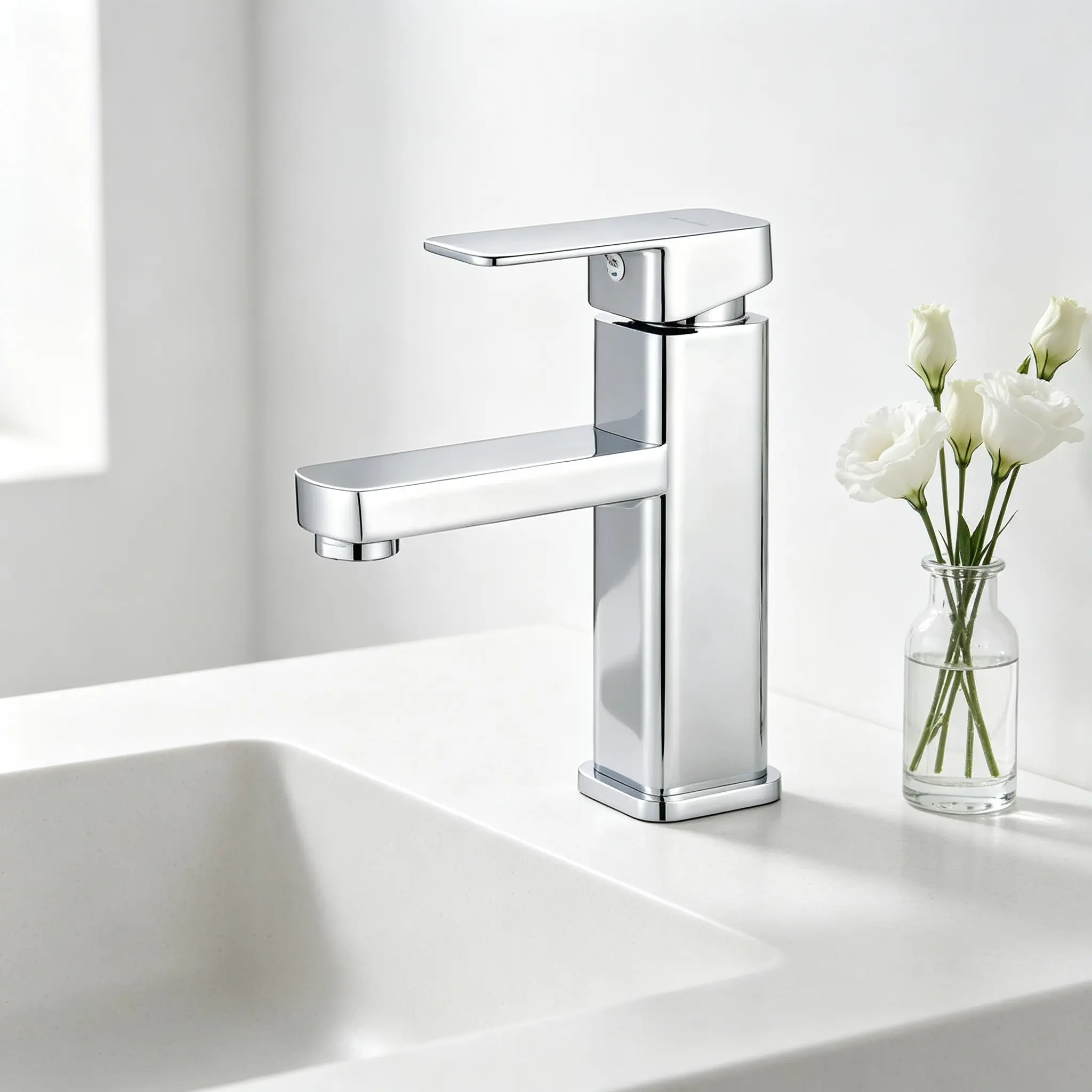 1Pcs Stainless Steel Chrome Silver Single Hole Basin Faucet, Minimalist Luxury Square Shape, Single Lever Hot & Cold Temperature Control Anti-Splash Water Tap, For Home Bathroom Hotel Wash Sink Countertop
