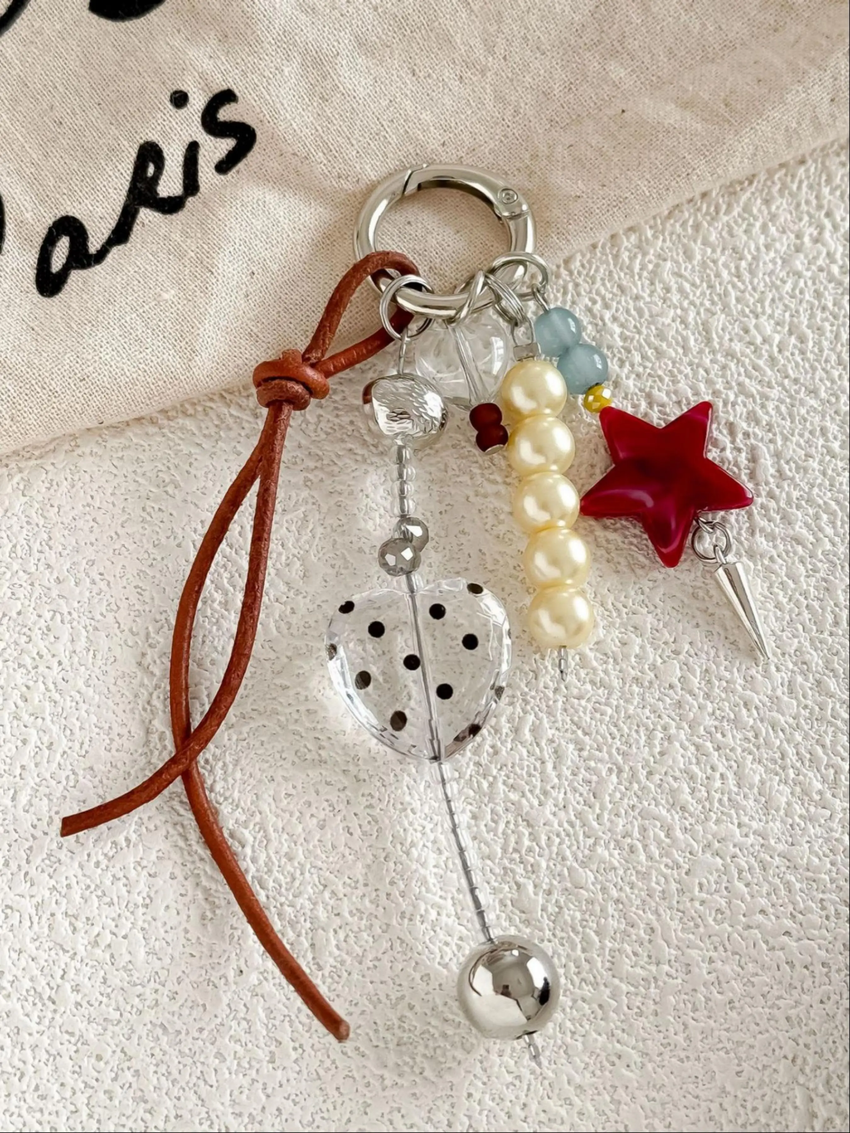 Women's Vintage Brown Leather Cord Multi-Pendant Jewelry, Polka Dot Transparent Heart Beaded Keychain, Keychain for bags, Contrast Color Beads Metal Cone Accessories, for Backpack, Handbag, Car Key Decoration, Gift Small Accessories