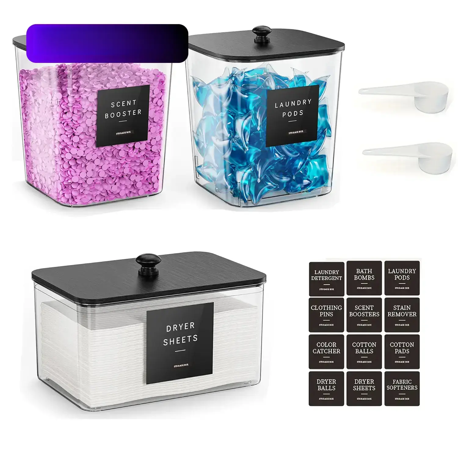 3 Pack Laundry Room Storage Containers, Clear Acrylic Storage Bins with Black Lids and Labels for Laundry Pods or Detergent Powder