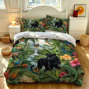 3-piece quilt cover set (1 quilt cover +2 pillowcases, coreless) Vintage jungle animal style black panther toucan monkey rainforest green plant flower pattern soft and comfortable bedding, suitable for all rooms
