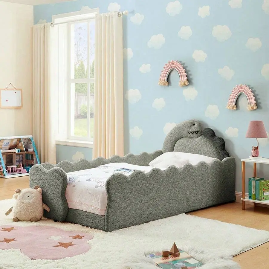 Twin Size Dinosaur Shaped Upholstered Bed Frame, 3D Dinosaur Headboard Platform Bed With Padded Guardrails, Bouclé Floor Bed, Solid Wood Slats And Reinforced Metal Frame, Space Saving Bed Small Bedroom, Apartment, Modern Home Decor
