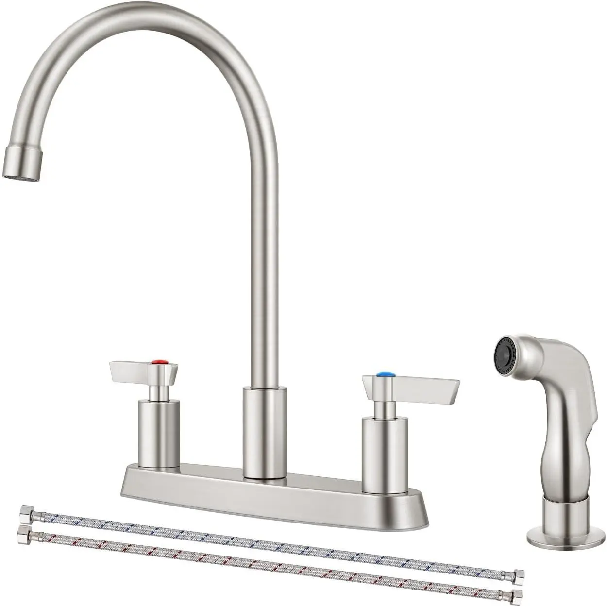 Brushed Nickel Kitchen Sink Faucet, 2-Handle 8-Inch Centerset 3-Hole Design with Sprayer and Supply Lines