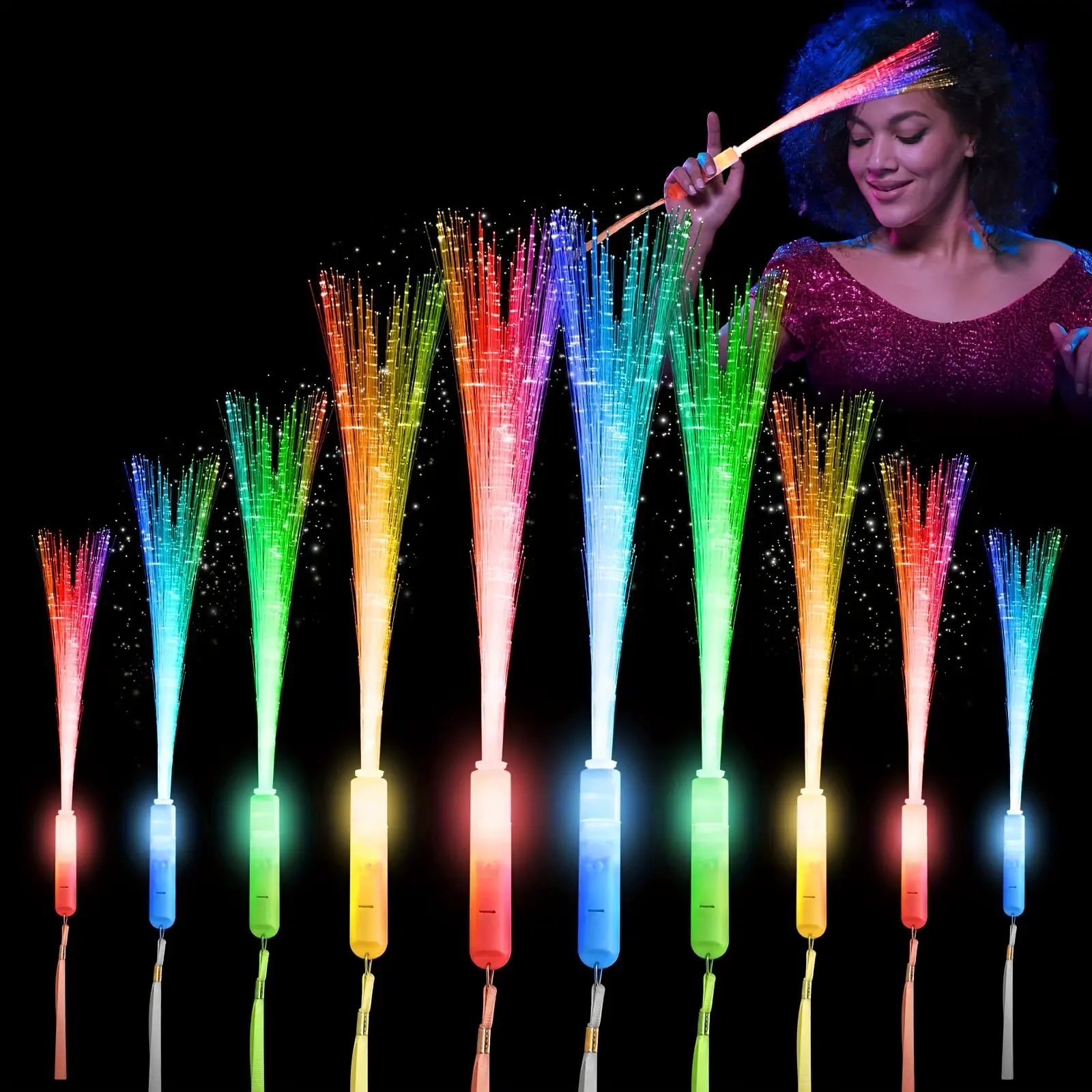 Micrency 32/60 Pack Fiber Optic LED Glow Wands Bulk, 3 Flashing Modes, Batteries Included, Light Up Flashing Sticks for Birthday Wedding Halloween Christmas Ramadan Easter Party Favors, Gifts for Him Her