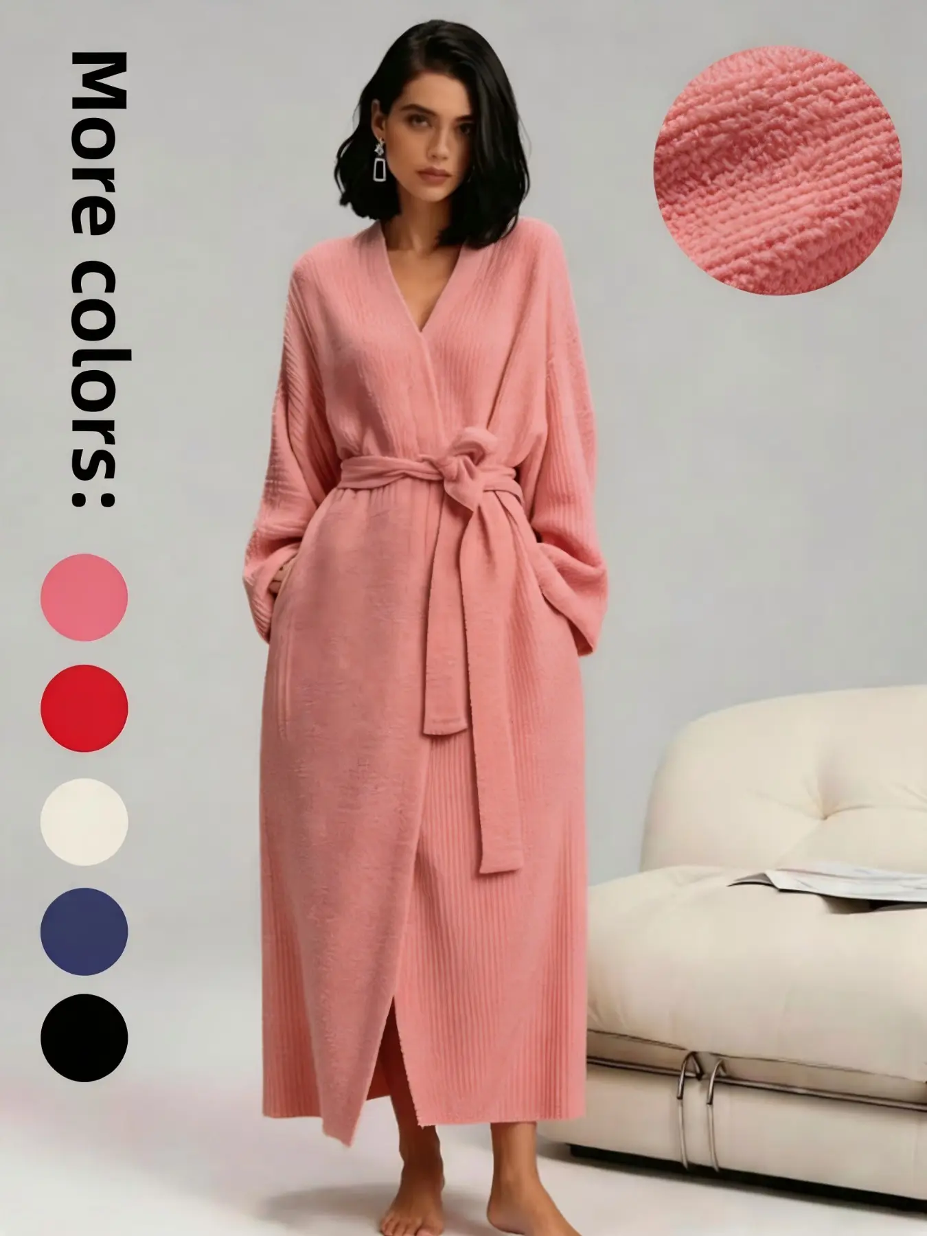 Comfortable Knit Bathrobe with Tie-Strap Design, Casual Loose-Fitting Long Sleeve Home Robe, Cozy Lazy Wear for Relaxing at Home