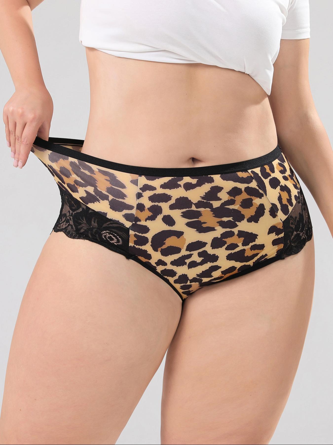 [Plus Size] Solid / All Over Print Leopard Contrast Lace Panty, Breathable Comfortable Panties for Daily Wear, Women's Underwear for All Seasons, Soft Stylish Brief