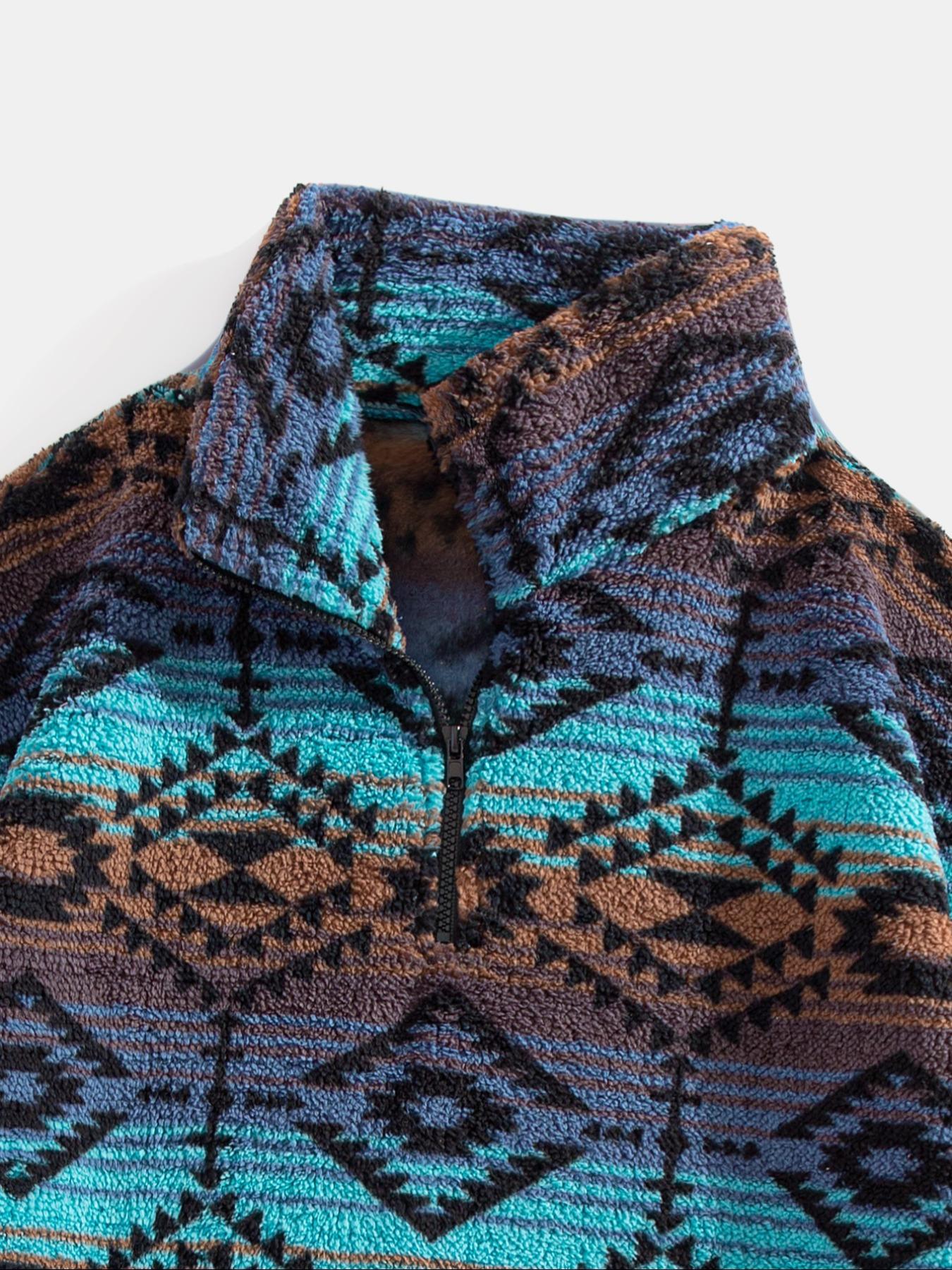 Men's Ethnic Pattern Zip Up Kangaroo Pocket Plush Sweatshirt, Menswear Casual Boho Style Drop Shoulder Long Sleeve Fuzzy Outerwear, Men's Fall & Winter Clothes