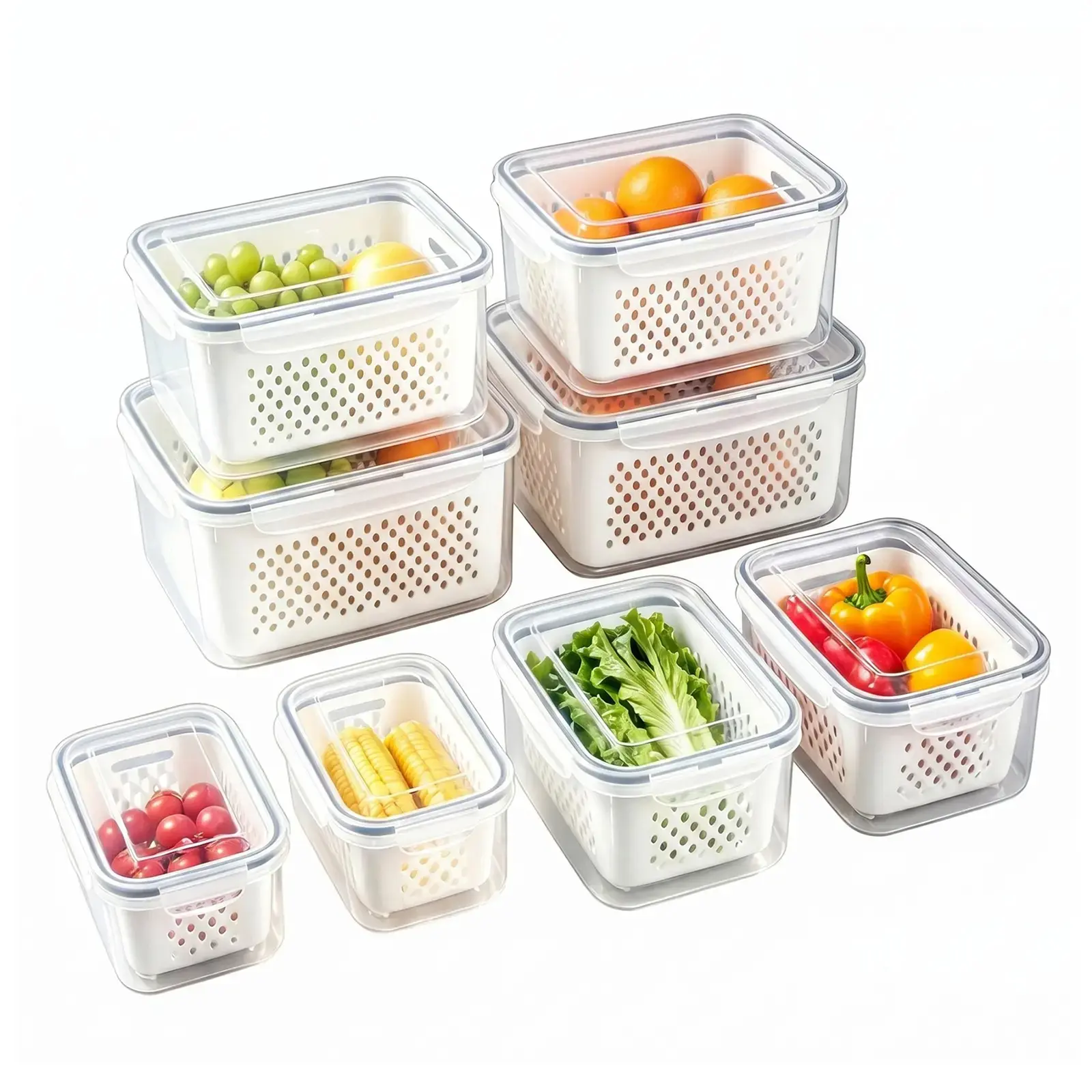4 Pack Fridge Organizers and Storage - Stackable Fruit Storage Containers for Fridge with Removable Colander, BPA-Free Food Storage Container for Salad Berry Lettuce Vegetables Meat Keeper Fresh