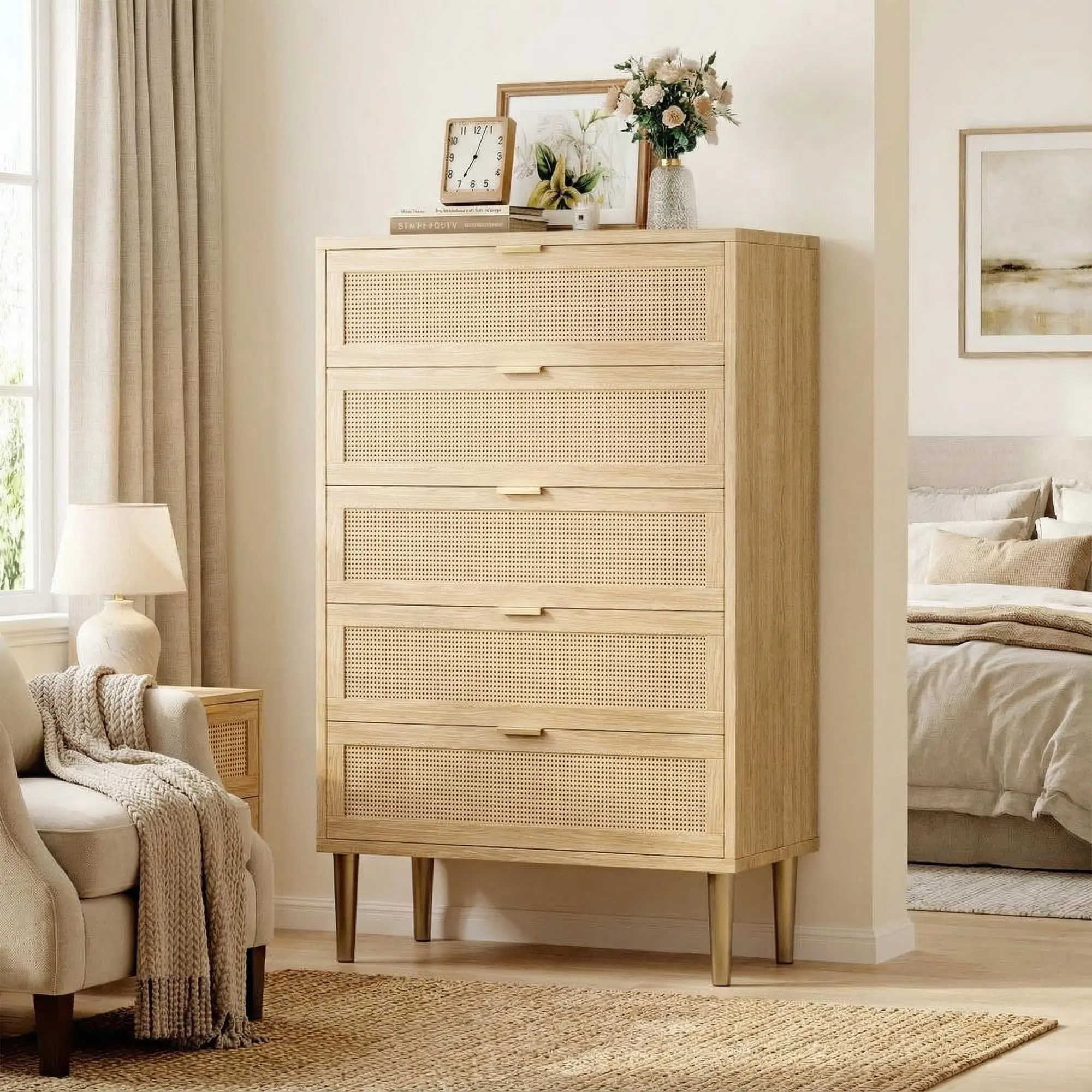 Garvee Rattan 5 Drawer Dresser with Modern Gold Legs and Handles, Tall Chest of Drawers Featuring Large Tabletop and Anti-Tipping Design, Ideal for Bedroom and Living Room in Natural Finish