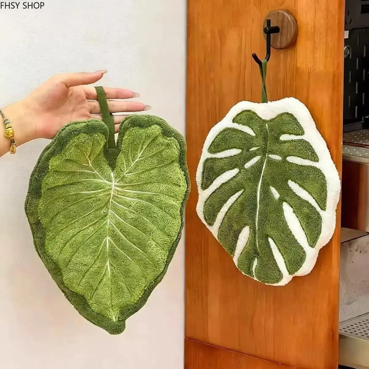 2-Piece Sets Hanging Monstera Leaf Shape Hand Towels, Soft Synthetic Coral Fleece with Plant Motifs, Super Absorbent Quick-Dry Cloths for Kitchen & Bathroom