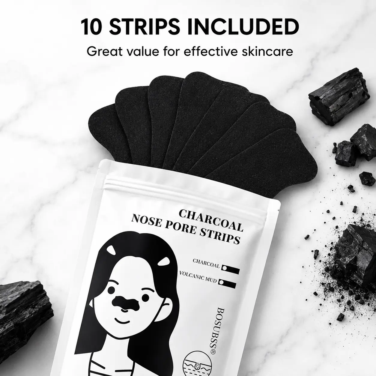 Bosubss Charcoal Nose Pore Strips, 10 Count, Pore-Cleansing for Blackheads and Excess Oil, Easy Weekly Skincare, Removes Surface Impurities